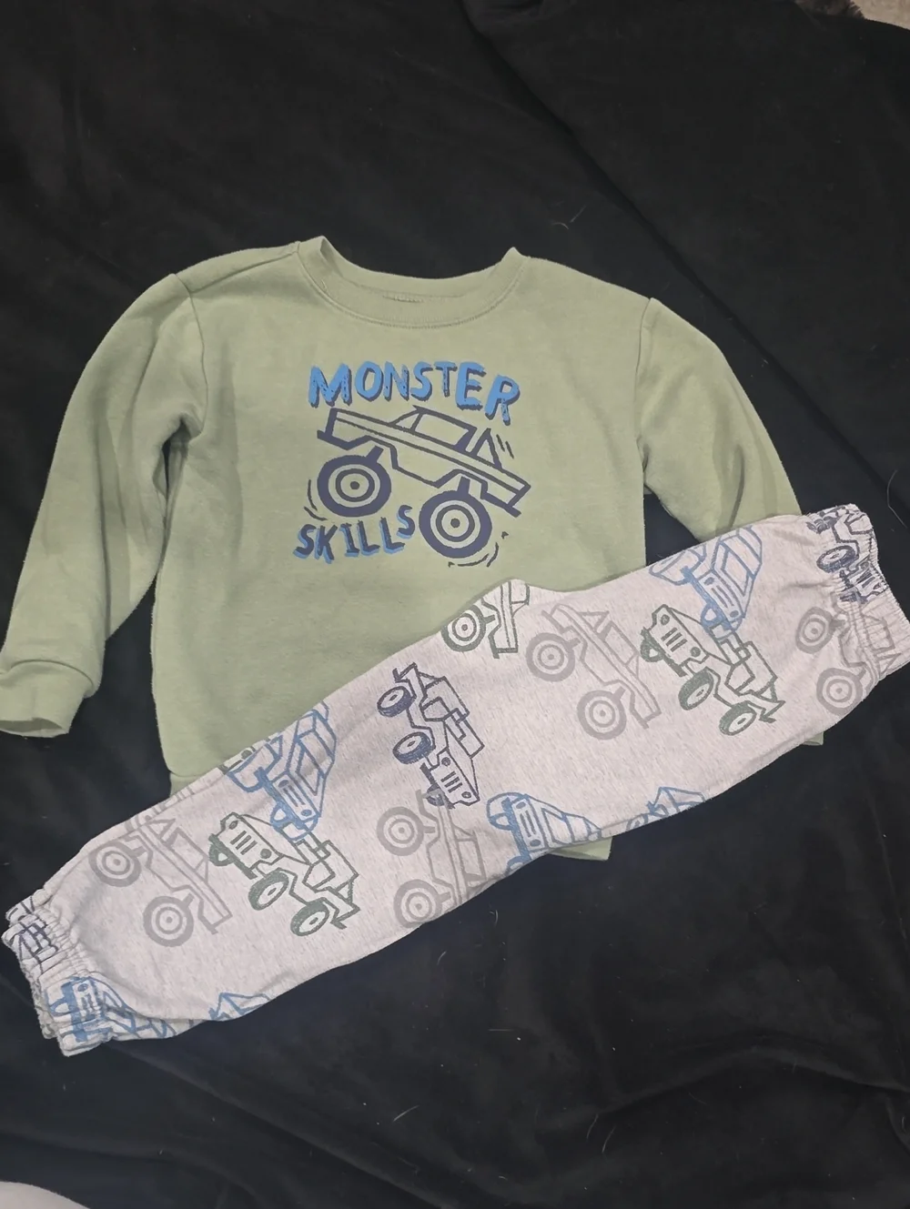 Green 'Monster Skills' Kids Sweatsuit Set with Truck Print
